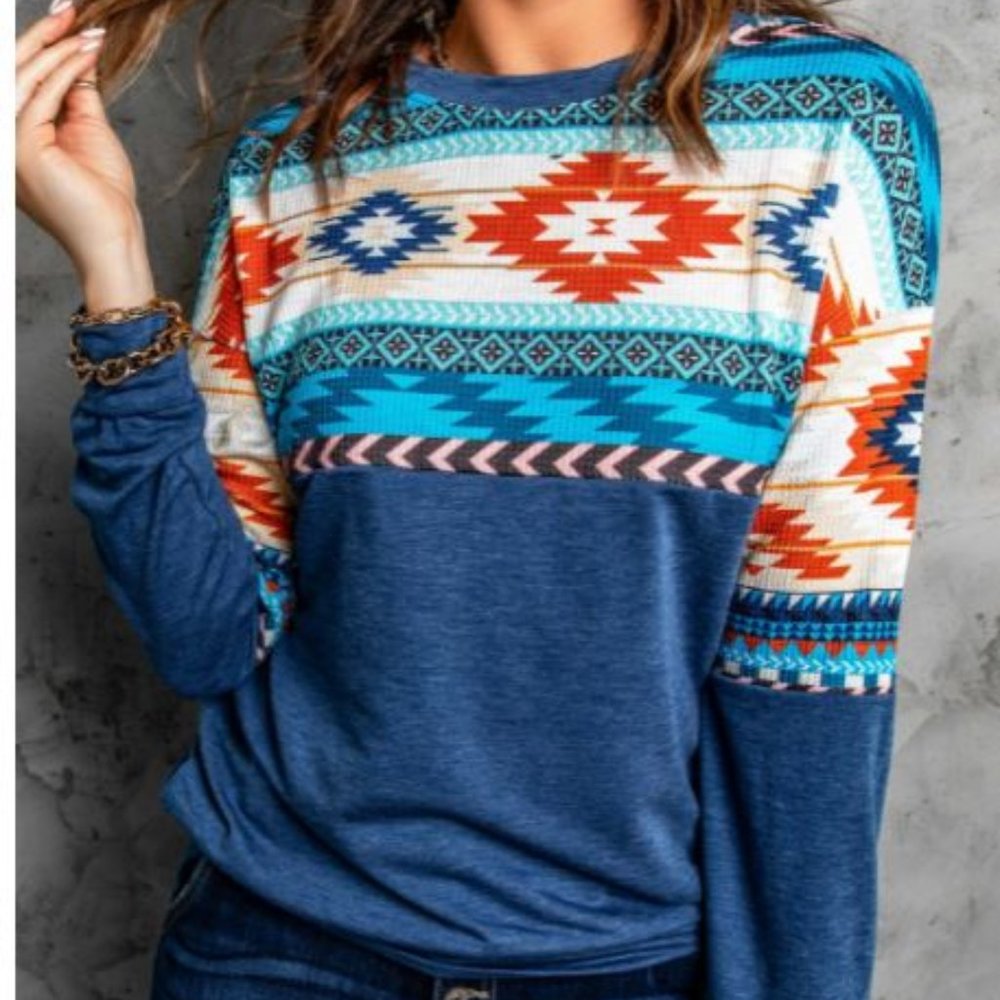 Blue Aztec Geometric Western Cowgirl Sweatshirt